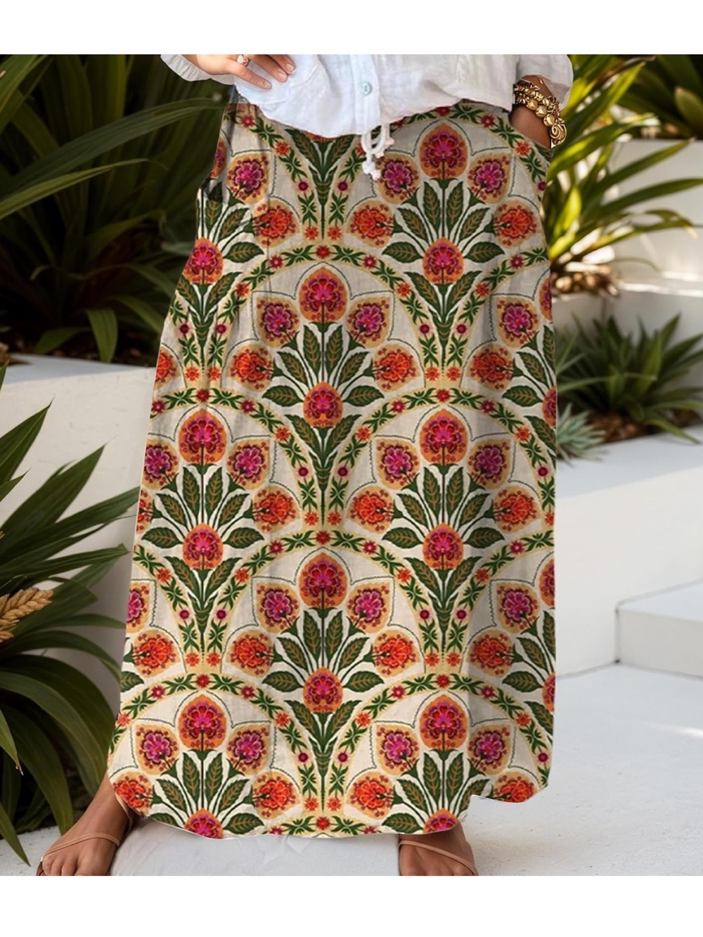 Floral Print A-Line Skirt — Pink & Green Blooms